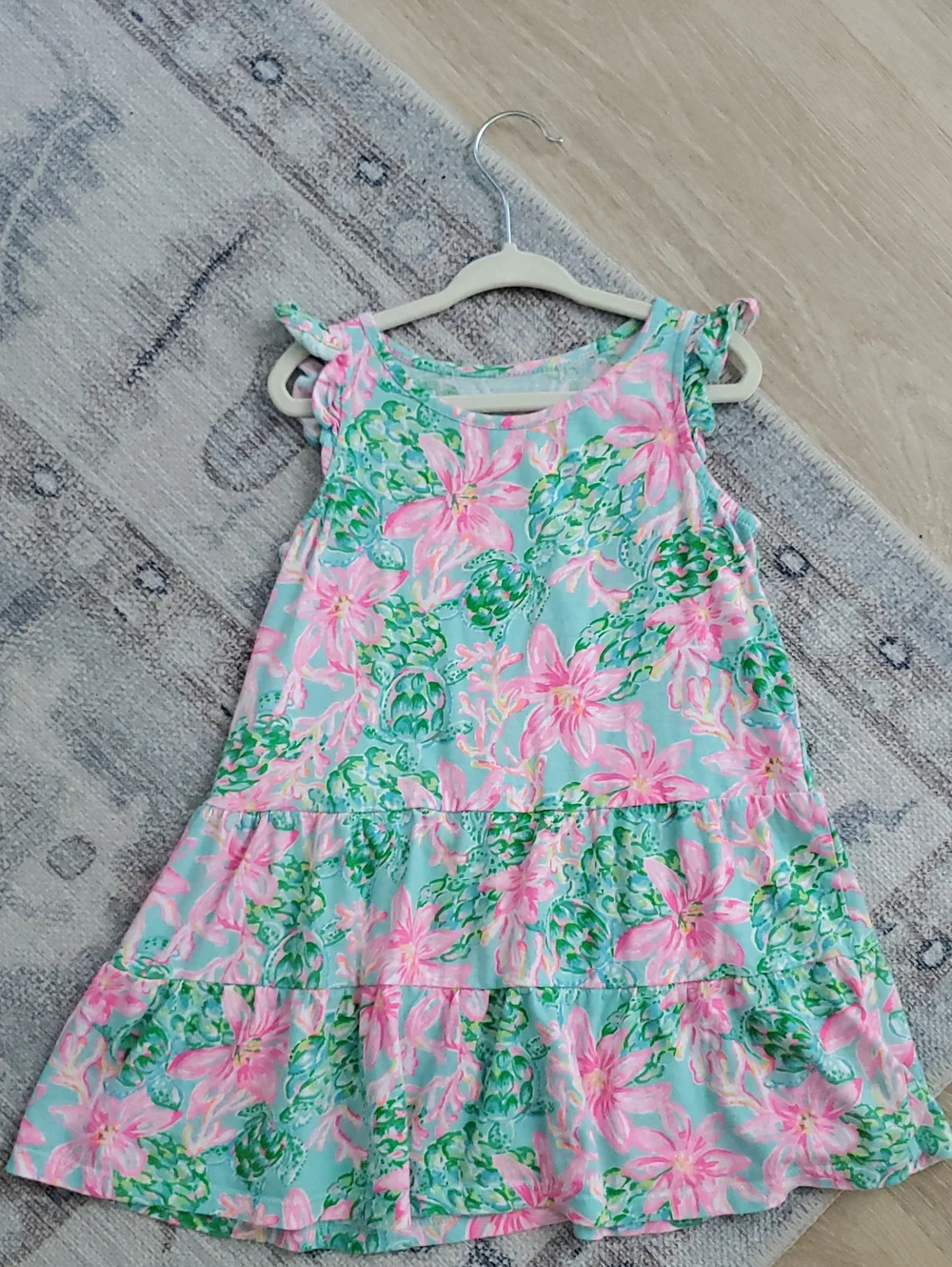 Lilly Pulitzer Girls Mini Brynn Dress Pink Green Aqua Floral SzS (4-5)